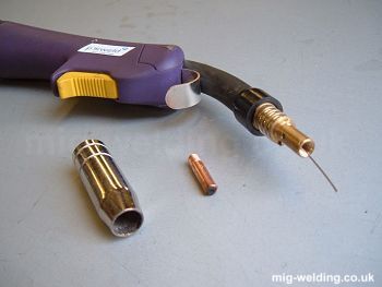 MIG welding torch with tip and shroud removed